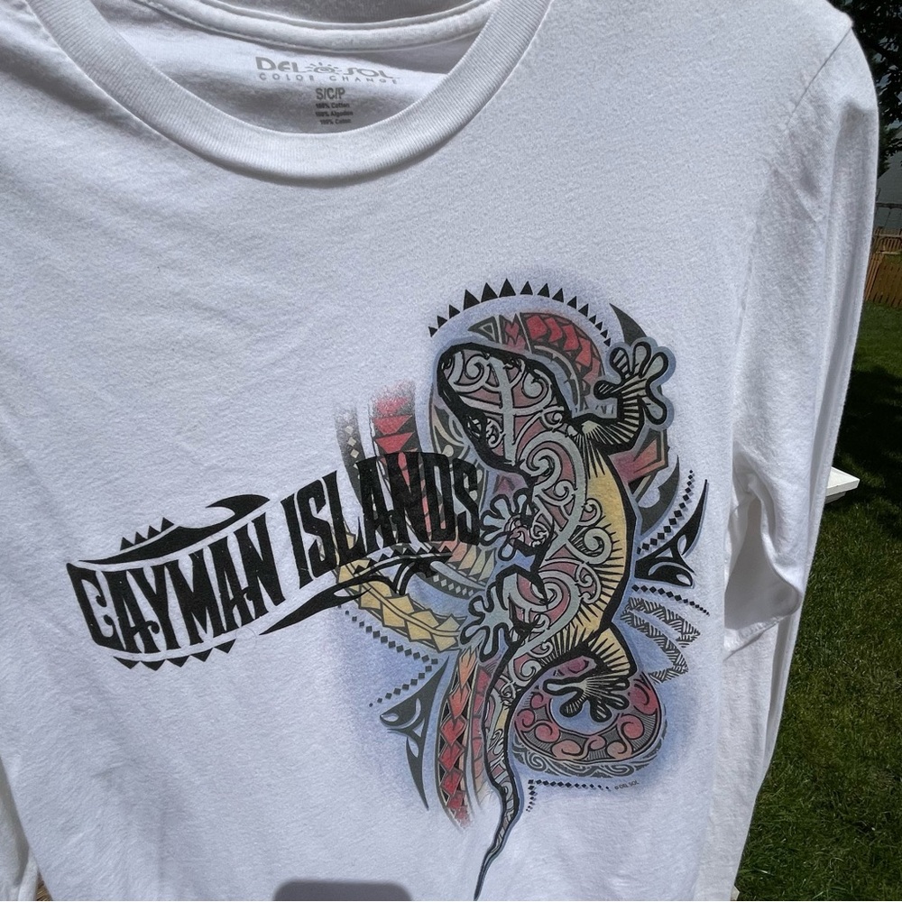 Graphic White Long Sleeve Tee with Black Design color changes in the sun - Picture 4 of 4
